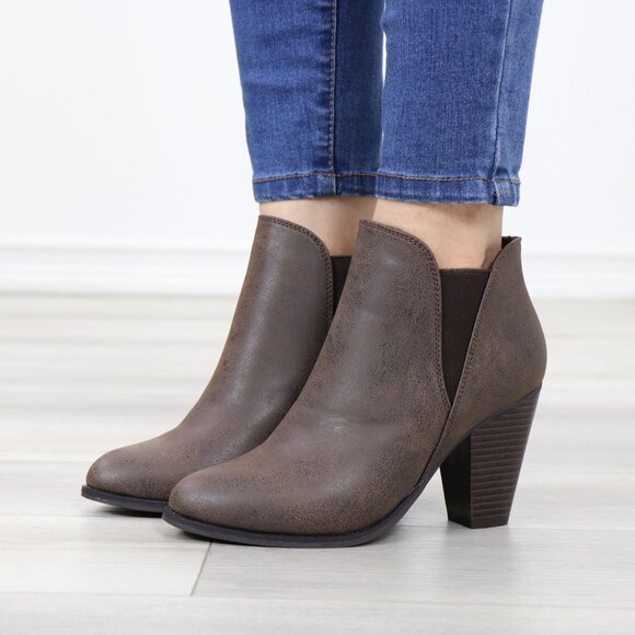 Brown High Heel Slip-On Booties Faux Leather Slip-On Stacked Heel - Picture 14 of 14